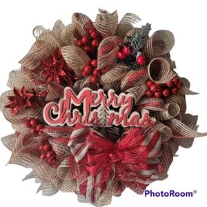 Red and Burlap Merry Christmas Wreath Door Hanger with Festive Bow